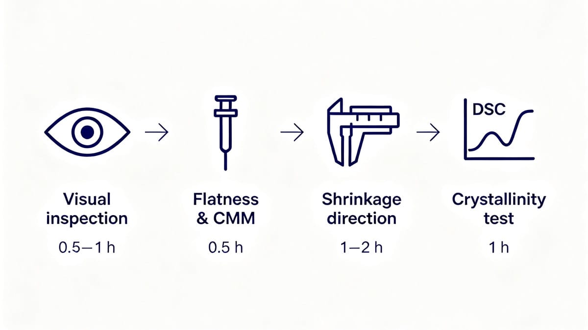Four-step diagnostic flowchart for identifying dominant shrinkage mechanism in warped injection molded parts