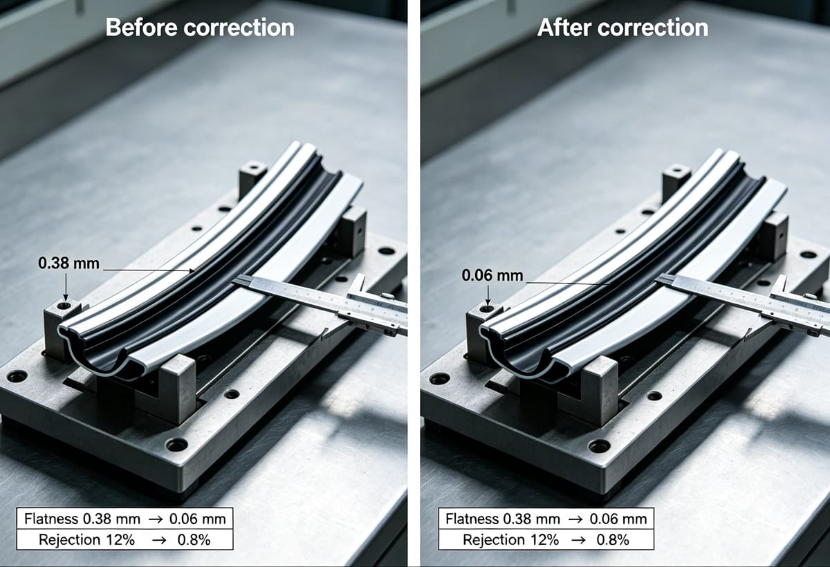 Before after flatness comparison automotive door trim panel 0.38mm warp reduced to 0.06mm