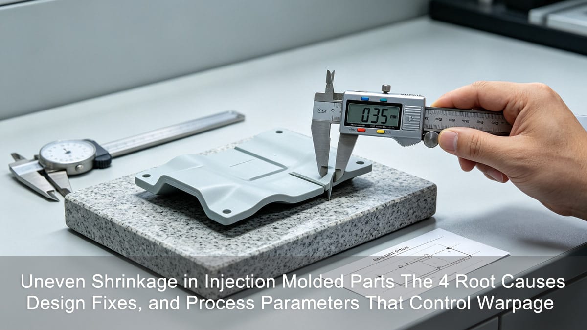 Warped injection molded part measured with feeler gauge showing 0.35mm deviation on granite surface plate