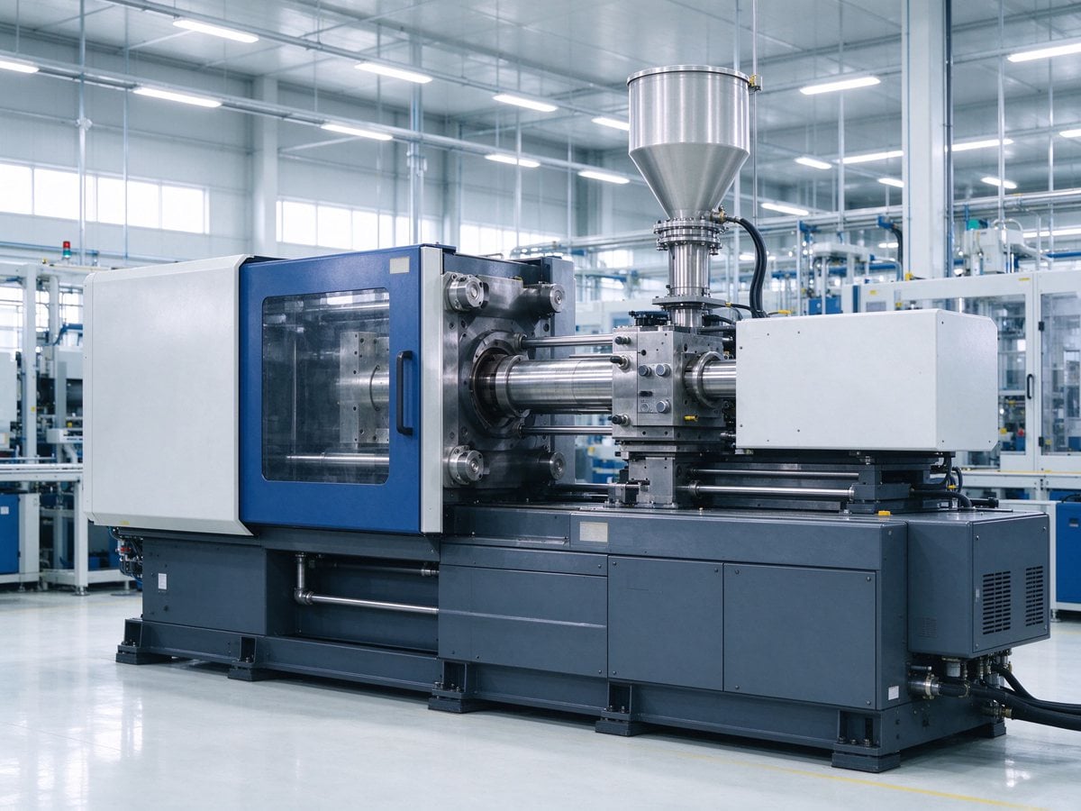 A modern, clean custom plastic injection molding workshop with a precision injection molding machine.