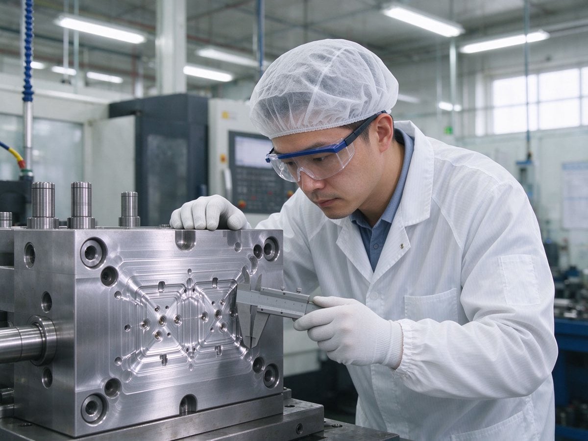 A molding engineer inspecting a precision injection mold cavity with a digital caliper in a clean mold workshop.