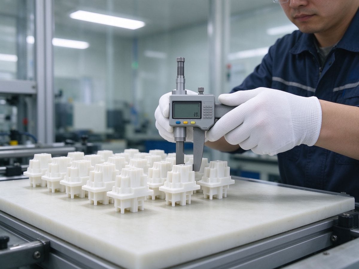 A quality technician measuring molded plastic parts with a high-precision digital gauge on a clean inspection bench.