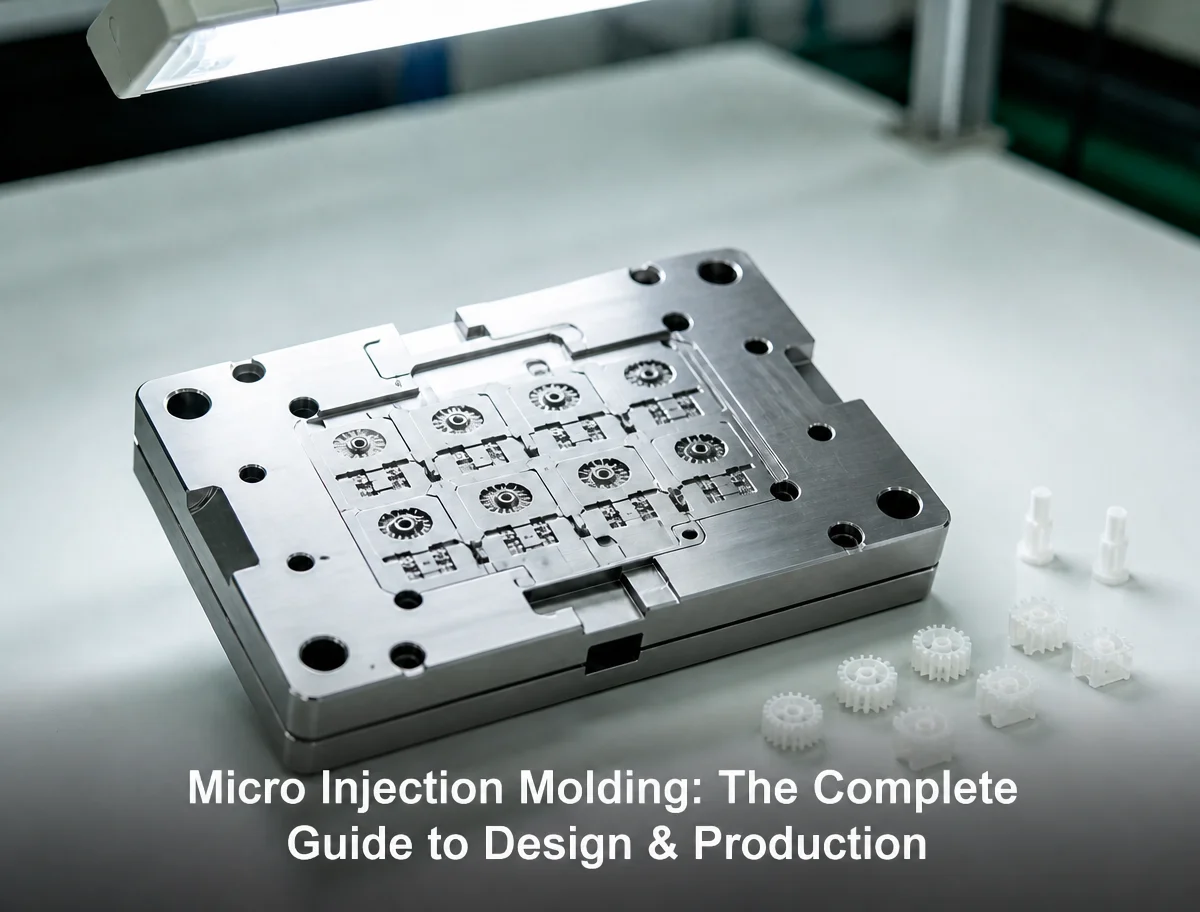 Micro injection molding: the complete guide to design and production, cover image of a multi-cavity micro mold with miniature parts