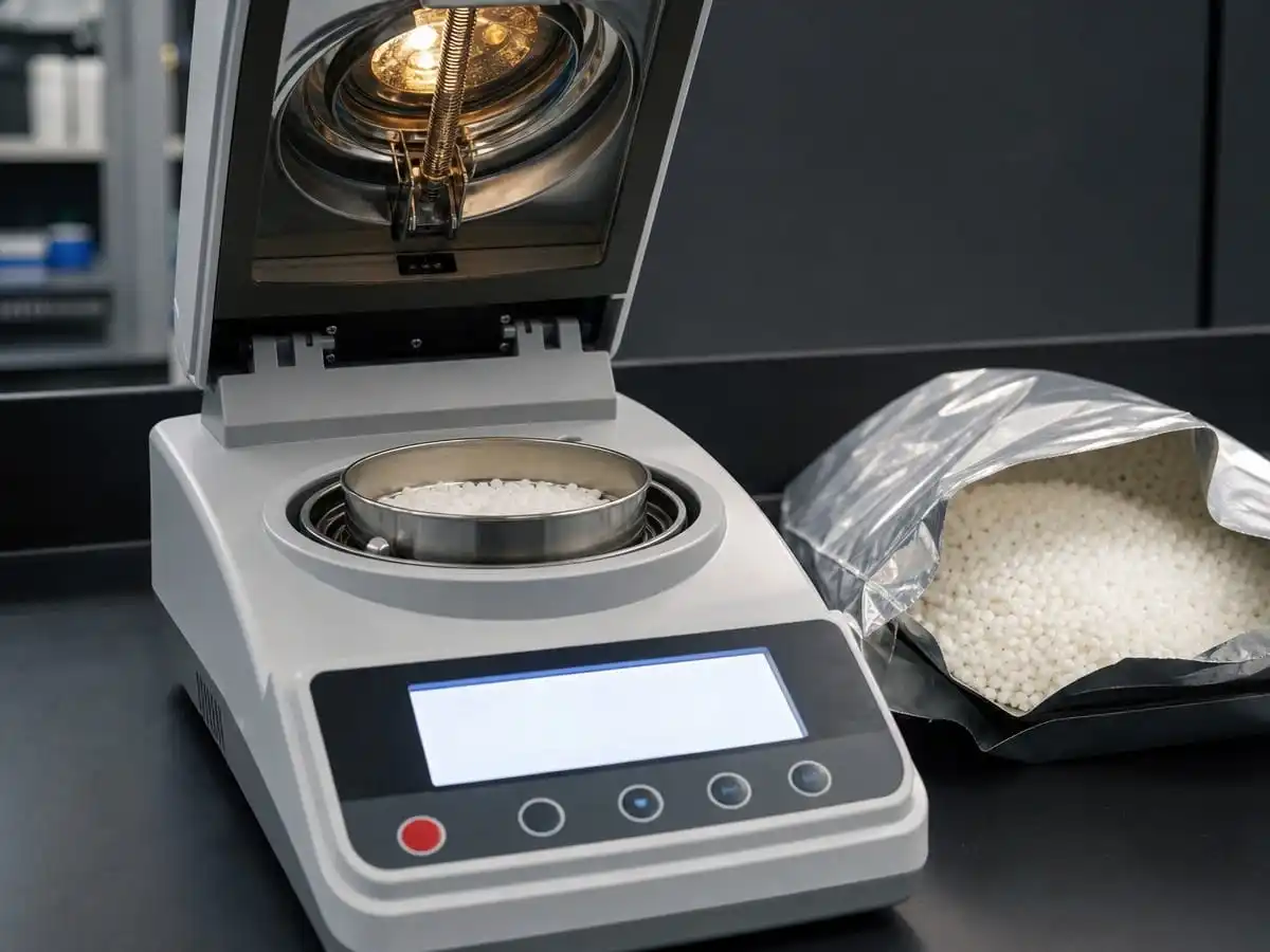 Halogen moisture analyzer with nylon pellets on factory bench