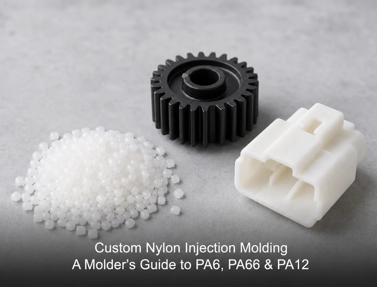 Custom nylon injection molding cover: white nylon pellets with a black gear and white connector