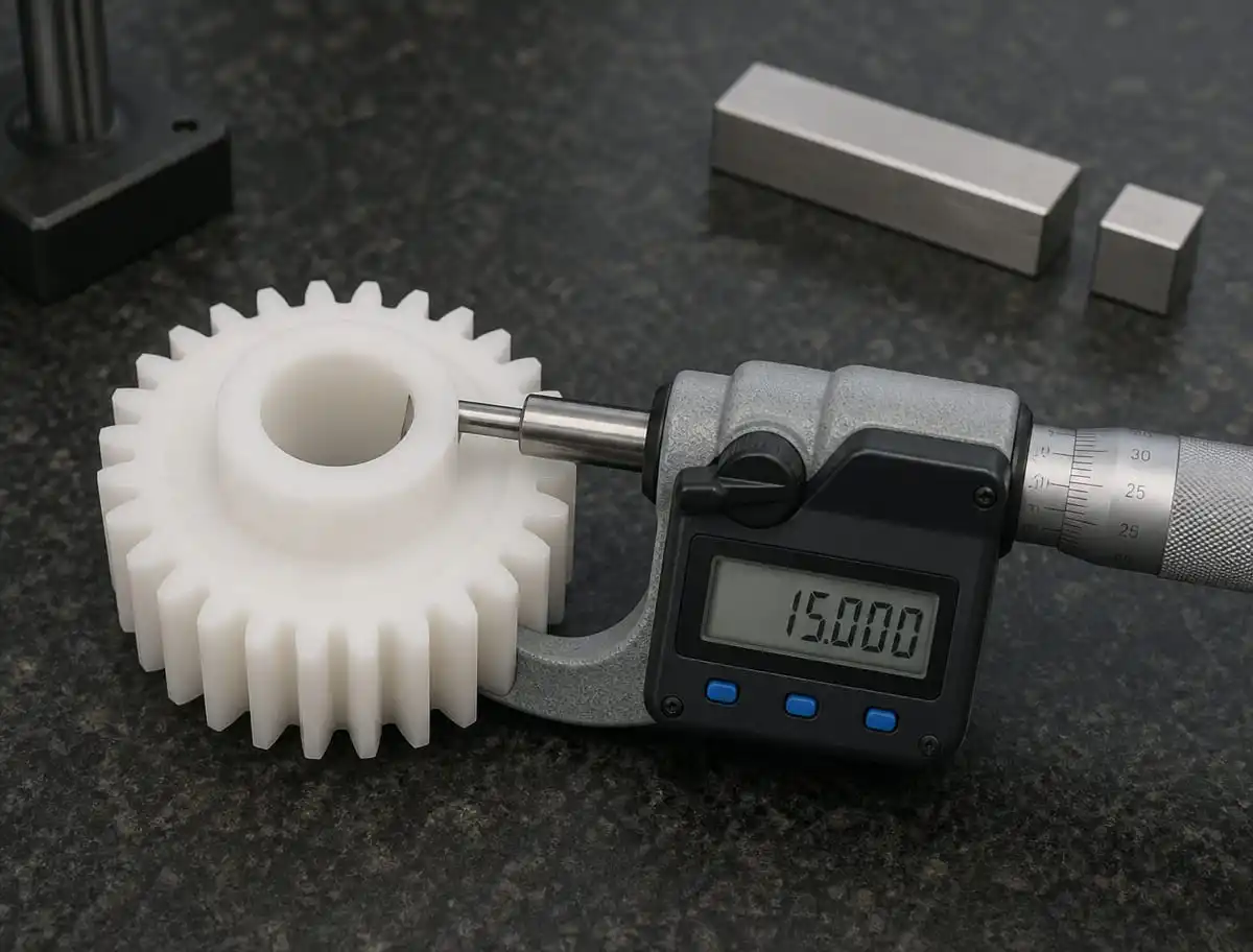 White POM gear measured with digital micrometer on metrology surface