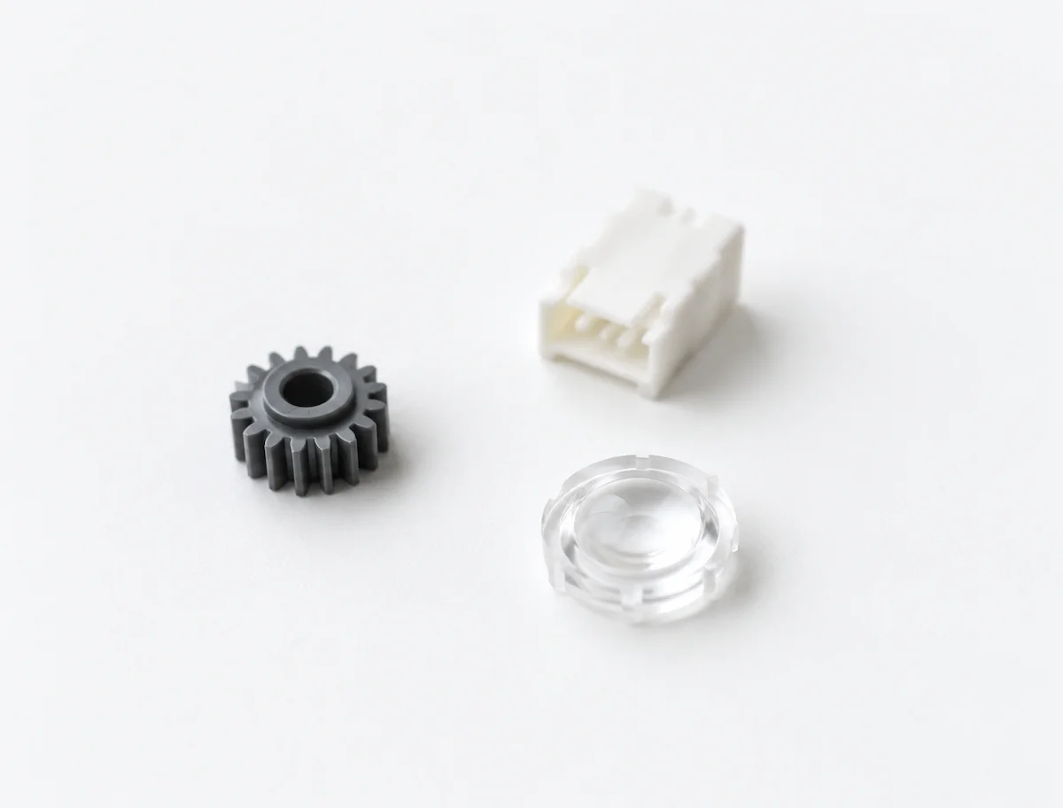 A few micro injection molded parts: miniature plastic gear, micro connector housing and clear micro lens