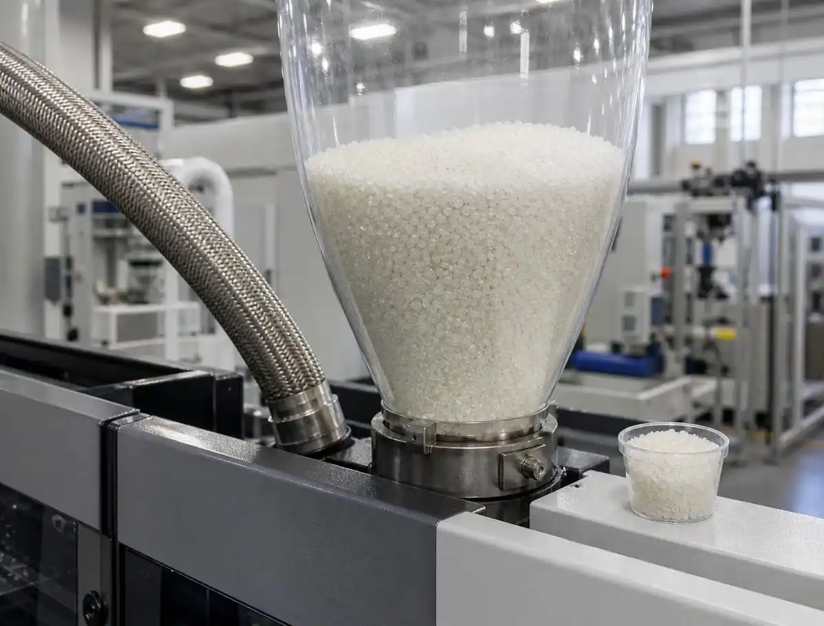 Injection molding machine feed throat with hopper of natural PA66 pellets and sampling cup