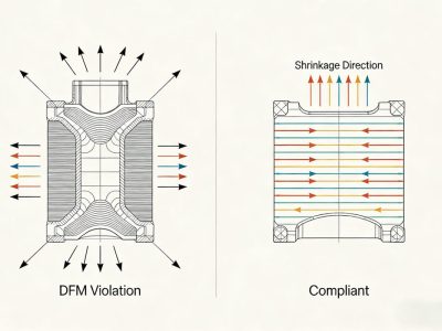 dfm violation vs. compliant part — side by side cad cross sections with shrinkage vectors.
