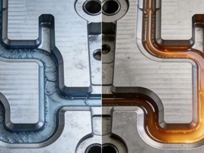 diagram showing how low mold temperature causes premature freezing and prevents shrinkage compensation