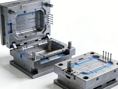 exploded view of a standard plastic injection mold showing moving and fixed halves.