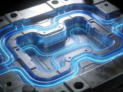 injection mold cooling system schematic – water channels ensure uniform heat extraction during plastic part solidification
